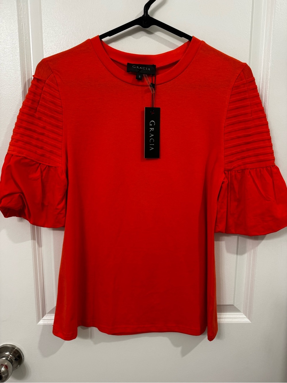 Vibrant Orange Short Sleeve Pleated Shoulder Ruffle Top - Gracia